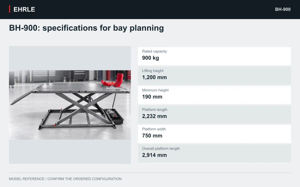 BH-900: specifications for bay planning. Rated capacity: 900 kg; Lifting height: 1,200 mm; Minimum height: 190 mm; Platform length: 2,232 mm; Platform width: 750 mm; Overall platform length: 2,914 mm.