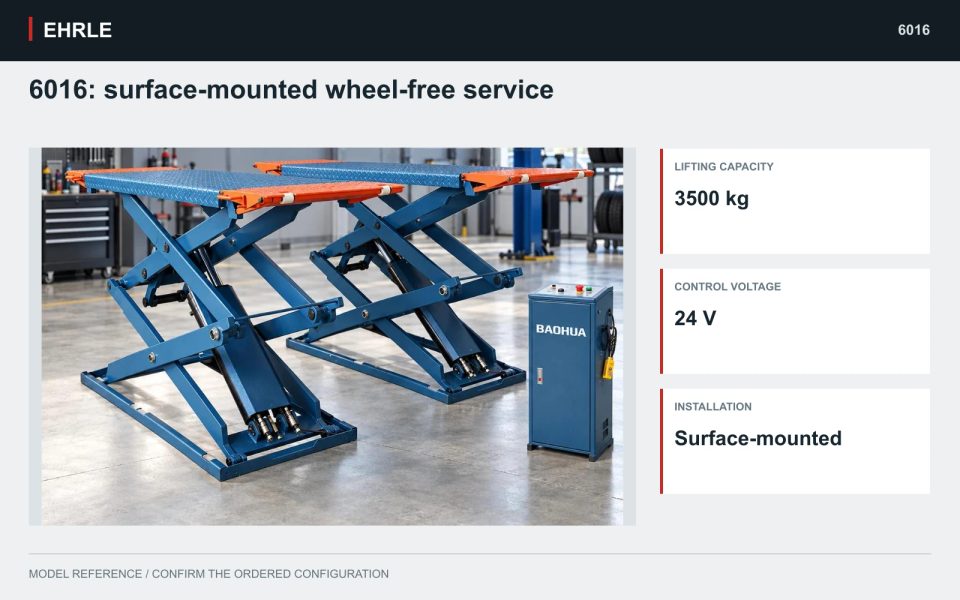 6016: surface-mounted wheel-free service. 3,500 kg capacity · Full-rise double-scissor layout