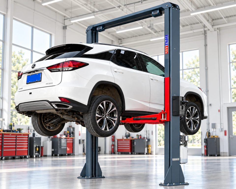 EC500 two-post lift product scene illustration; restraint engagement is not verified by this image