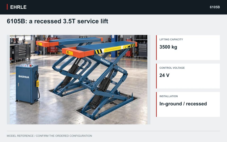 6105B: a recessed 3.5T service lift. 3,500 kg capacity · In-ground full-rise double-scissor layout