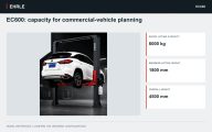EC600: capacity for commercial-vehicle planning. 6,000 kg rated capacity · Asymmetric two-post hydraulic lift