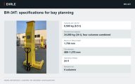 BH-34T: specifications for bay planning. Capacity per column: 8,500 kg (8.5 t); Standard set capacity: 34,000 kg (34 t), four columns combined; Maximum lifting height: 1,750 mm; Tire diameter: 480–1,270 mm; Operating voltage: 24 V; Standard set: 4 columns.
