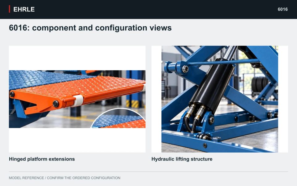 6016: component and configuration views. Hinged platform extensions and Hydraulic lifting structure