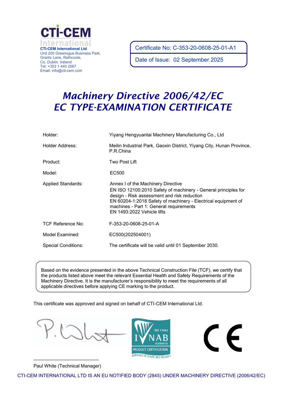 EC500 Two-Post Lift CE Type-Examination Certificate
