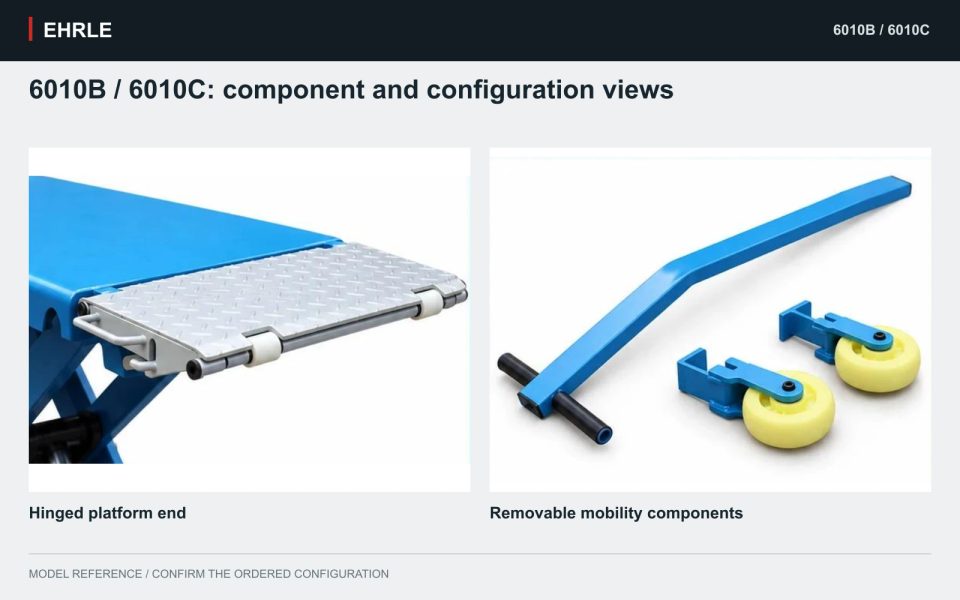 6010B / 6010C: component and configuration views. Hinged platform end and Removable mobility components