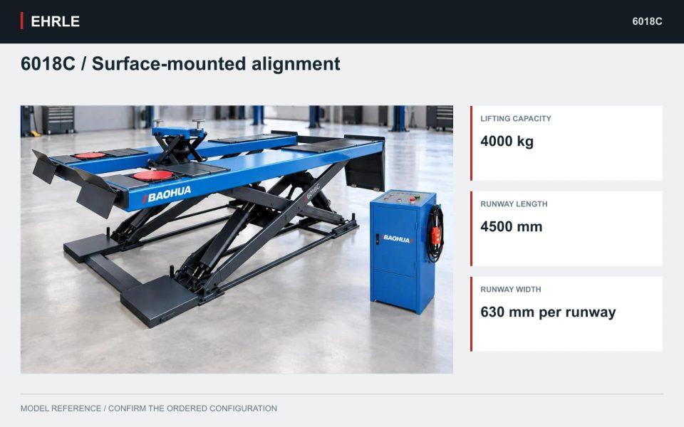 6018C / Surface-mounted alignment. 4,000 kg main-lift rating and 4,500 × 630 mm runways.