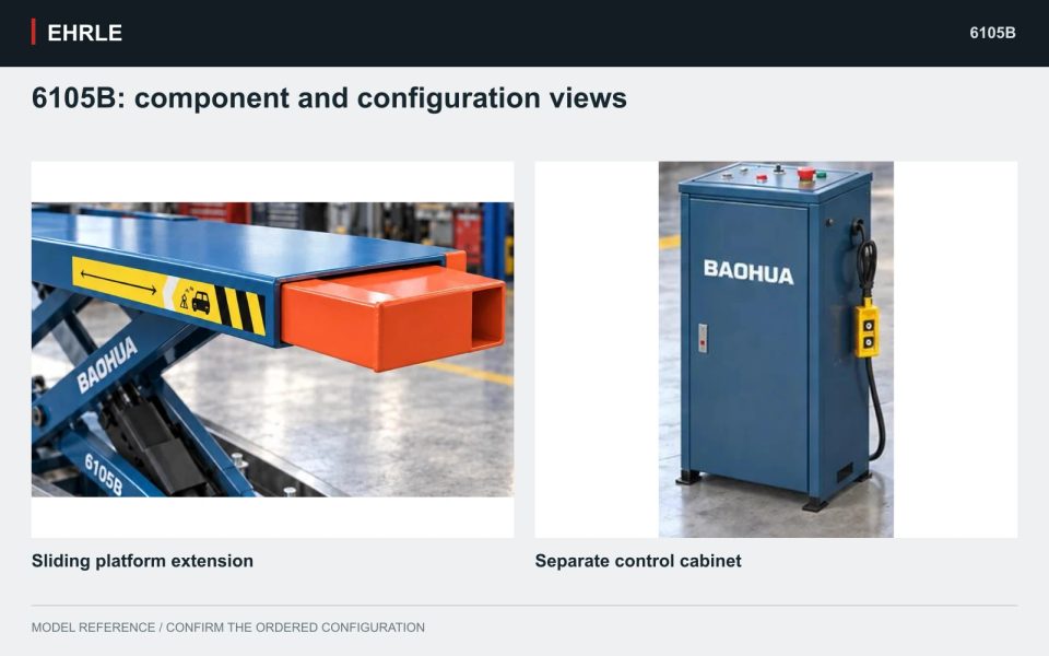 6105B: component and configuration views. Sliding platform extension and Separate control cabinet