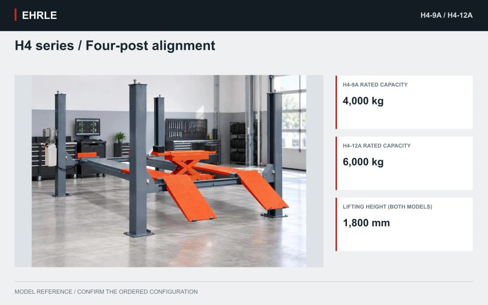H4 series / Four-post alignment. H4-9A: 4,000 kg. H4-12A: 6,000 kg. Both lift to 1,800 mm.