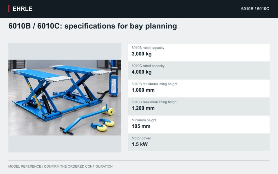 6010B / 6010C: specifications for bay planning. 6010B rated capacity: 3,000 kg; 6010C rated capacity: 4,000 kg; 6010B maximum lifting height: 1,000 mm; 6010C maximum lifting height: 1,200 mm; Minimum height: 105 mm; Motor power: 1.5 kW.