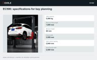 EC500: specifications for bay planning. Lifting capacity: 5,000 kg; Maximum lifting height: 1,800 mm; Minimum height: 90 mm; Overall width: 3,500 mm; Clear column spacing: 2,840 mm; Drive-through width: 2,500 mm.