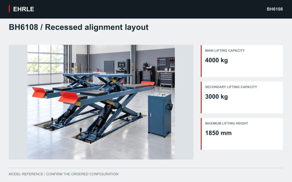 BH6108 / Recessed alignment layout. 4,000 kg main lift with 4,500 × 630 mm runways.