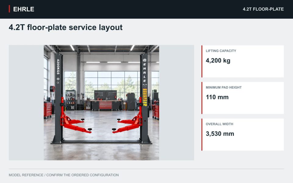 4.2T floor-plate service layout. 4,200 kg rated capacity · Two-post electric-hydraulic drive