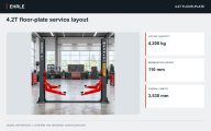 4.2T floor-plate service layout. 4,200 kg rated capacity · Two-post electric-hydraulic drive