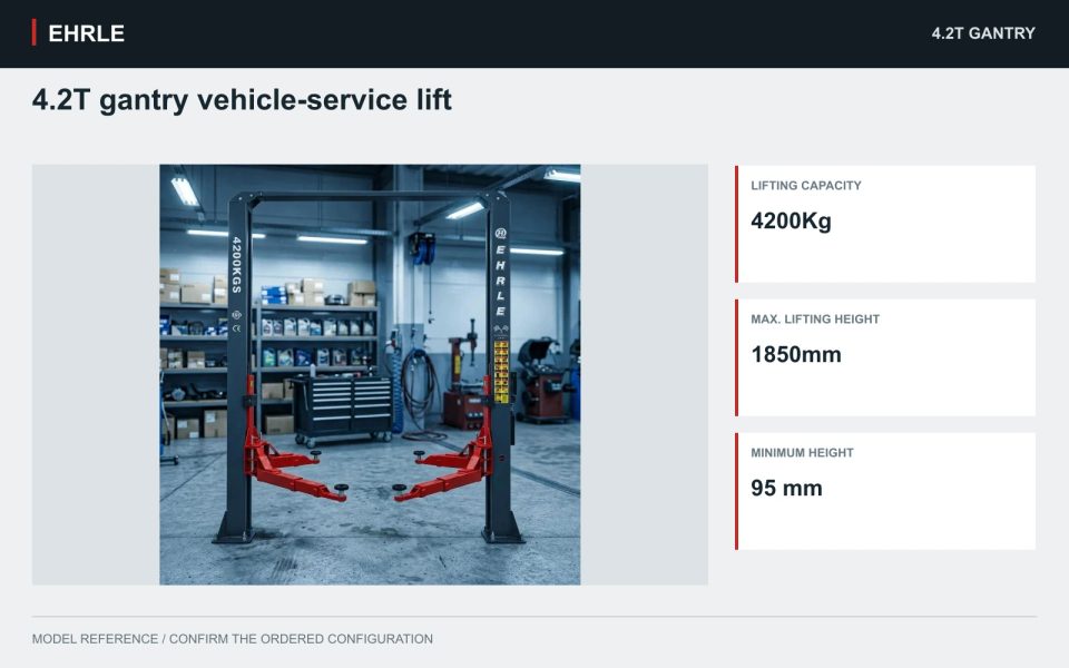 4.2T gantry vehicle-service lift. 4,200 kg capacity · 1,850 mm maximum lifting height