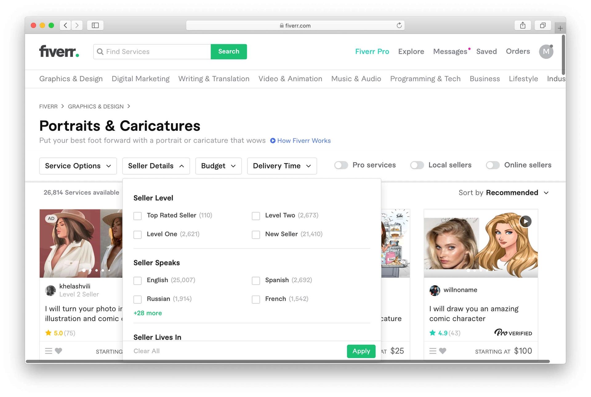 Fiverr search filters
