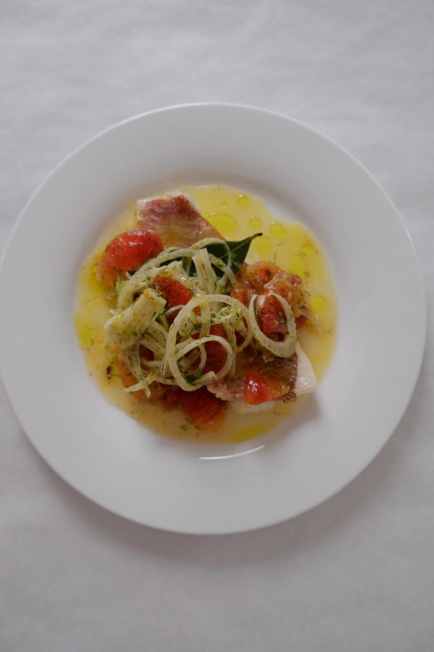 Seremoni | Olive Oil Poached Red Snapper with Blood Orange and Fennel Salad