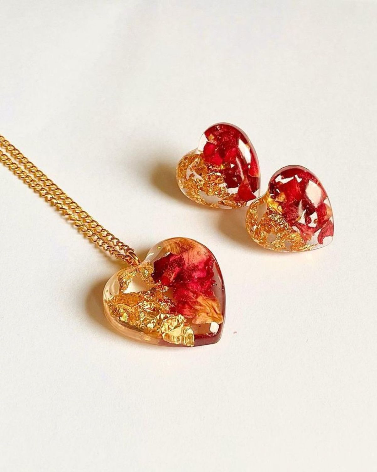 Red Petal Heart Pendant & Studs Set