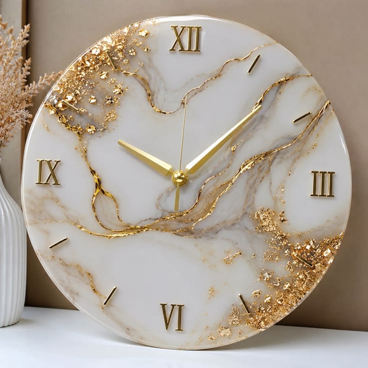 Ivory Marble & Gold Leaf Clock
