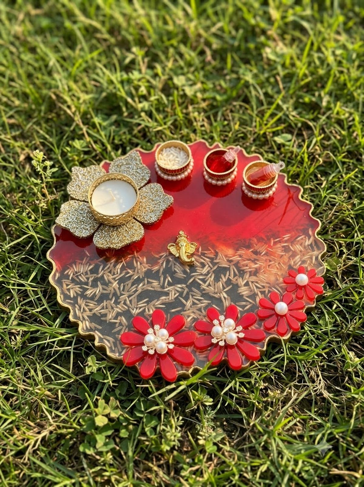 Red Floral Akshat Thali (8 inch)