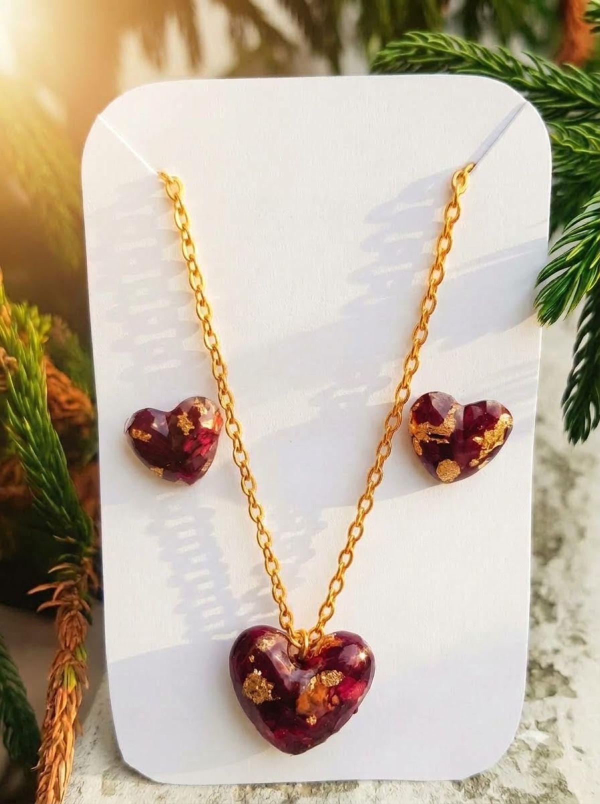 Burgundy Heart Pendant & Studs Set