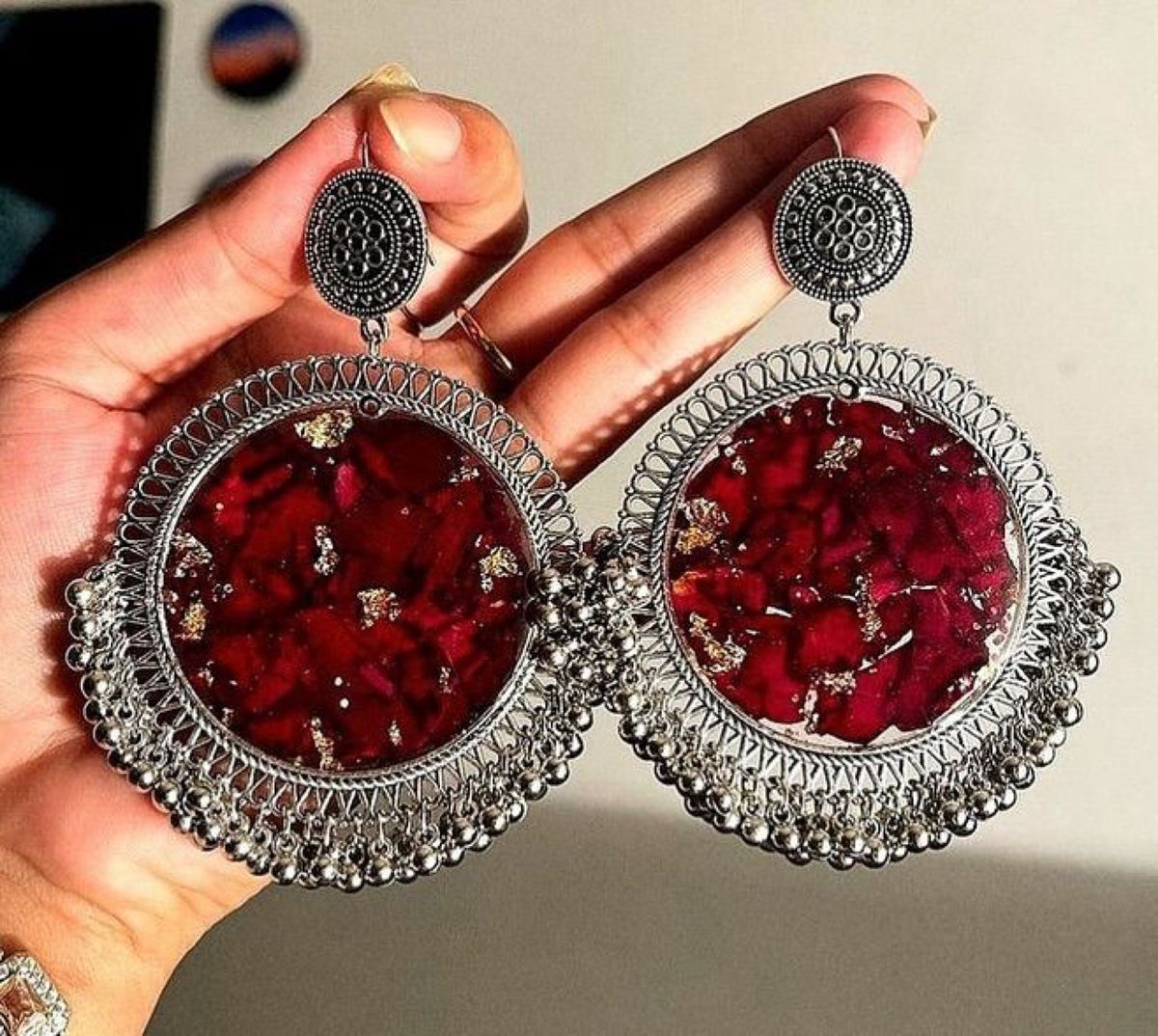 Rose Petal Oxidised Jhumkas