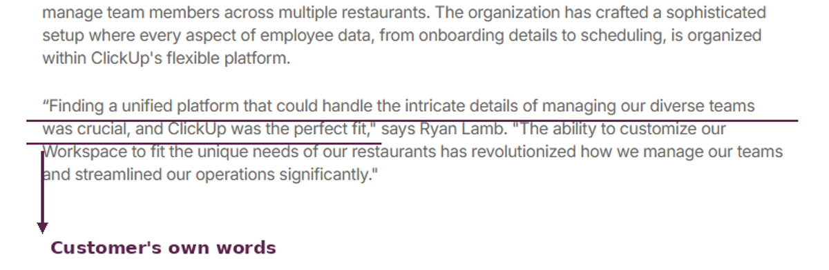 Customer quote from Ryan Lamb in ClickUp's case study, underlined to highlight his own words