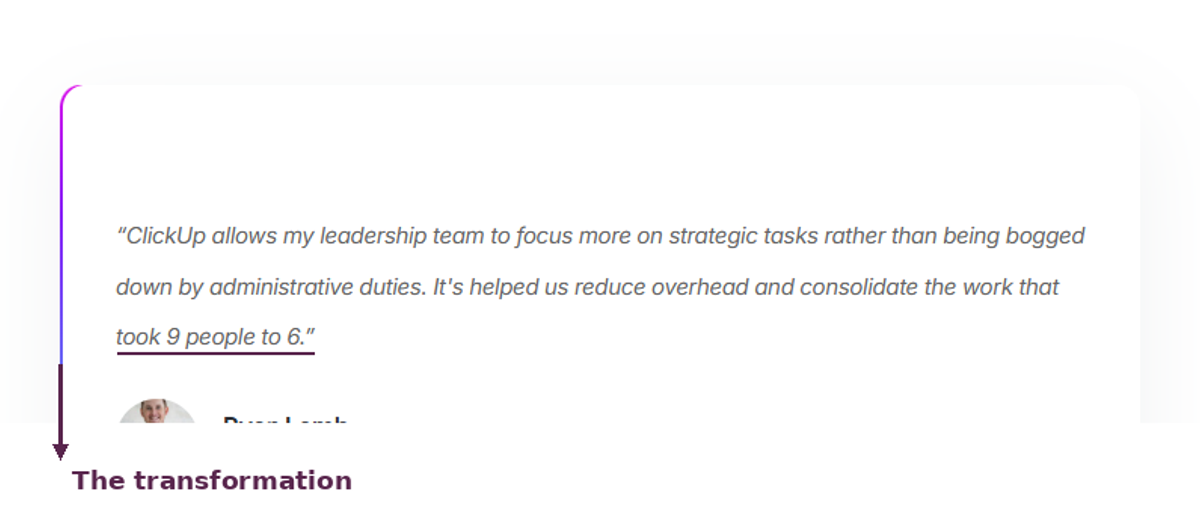 Closing quote from ClickUp's case study: the same work that took 9 people now takes 6