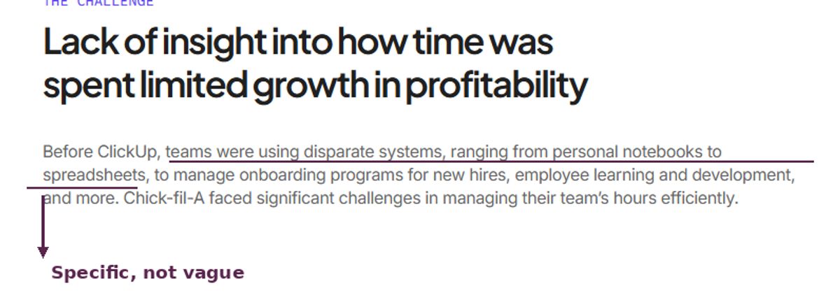 ClickUp case study text describing Chick-fil-A's disconnected tools problem, with the specific detail underlined