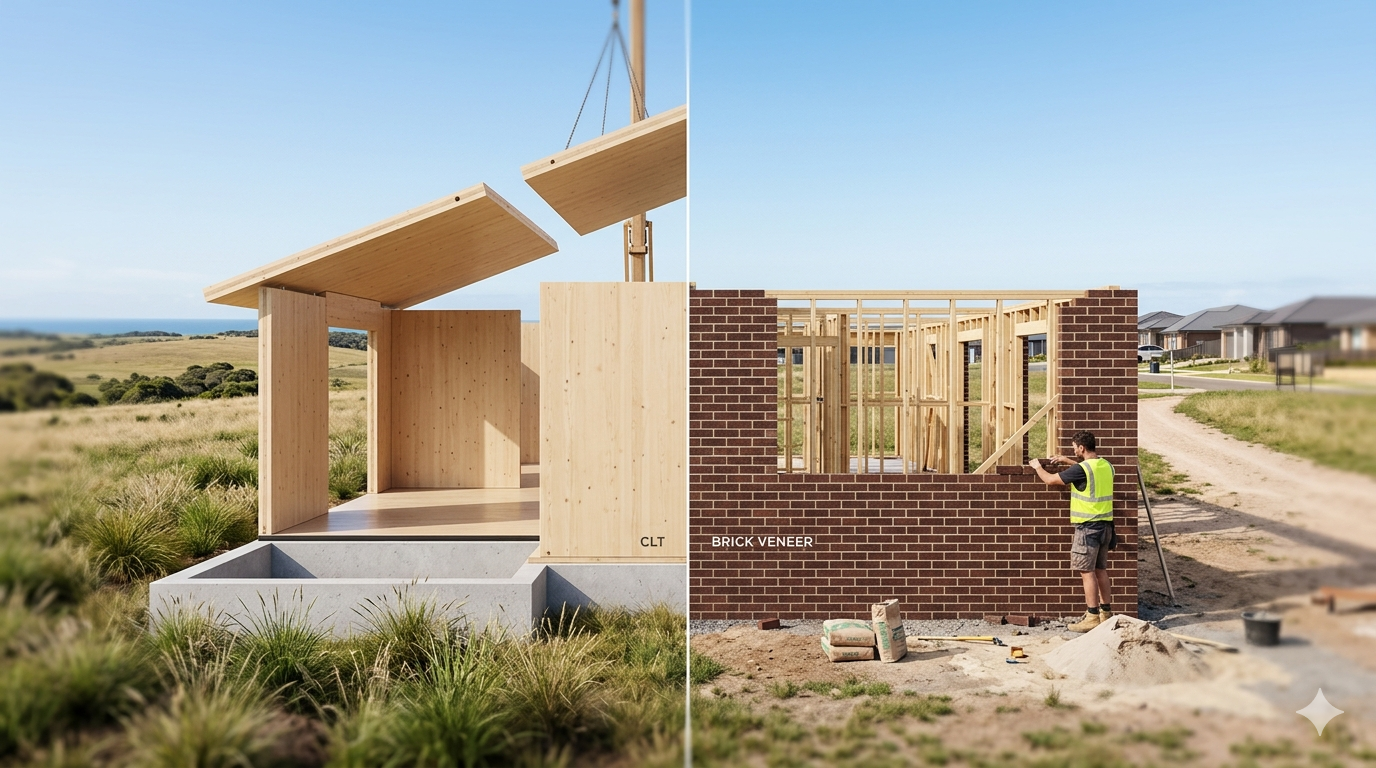 A split-screen landscape image comparing two residential construction methods in Australia. The left side shows a modern house under construction using large, clean-cut Cross Laminated Timber (CLT) panels being lowered into place by a crane against a coastal, grassy backdrop. The right side shows a traditional Australian house under construction with a bricklayer building a classic brown brick veneer wall over a timber frame in a suburban estate setting.