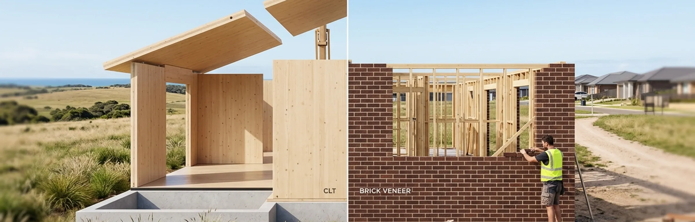 A split-screen landscape image comparing two residential construction methods in Australia. The left side shows a modern house under construction using large, clean-cut Cross Laminated Timber (CLT) panels being lowered into place by a crane against a coastal, grassy backdrop. The right side shows a traditional Australian house under construction with a bricklayer building a classic brown brick veneer wall over a timber frame in a suburban estate setting.