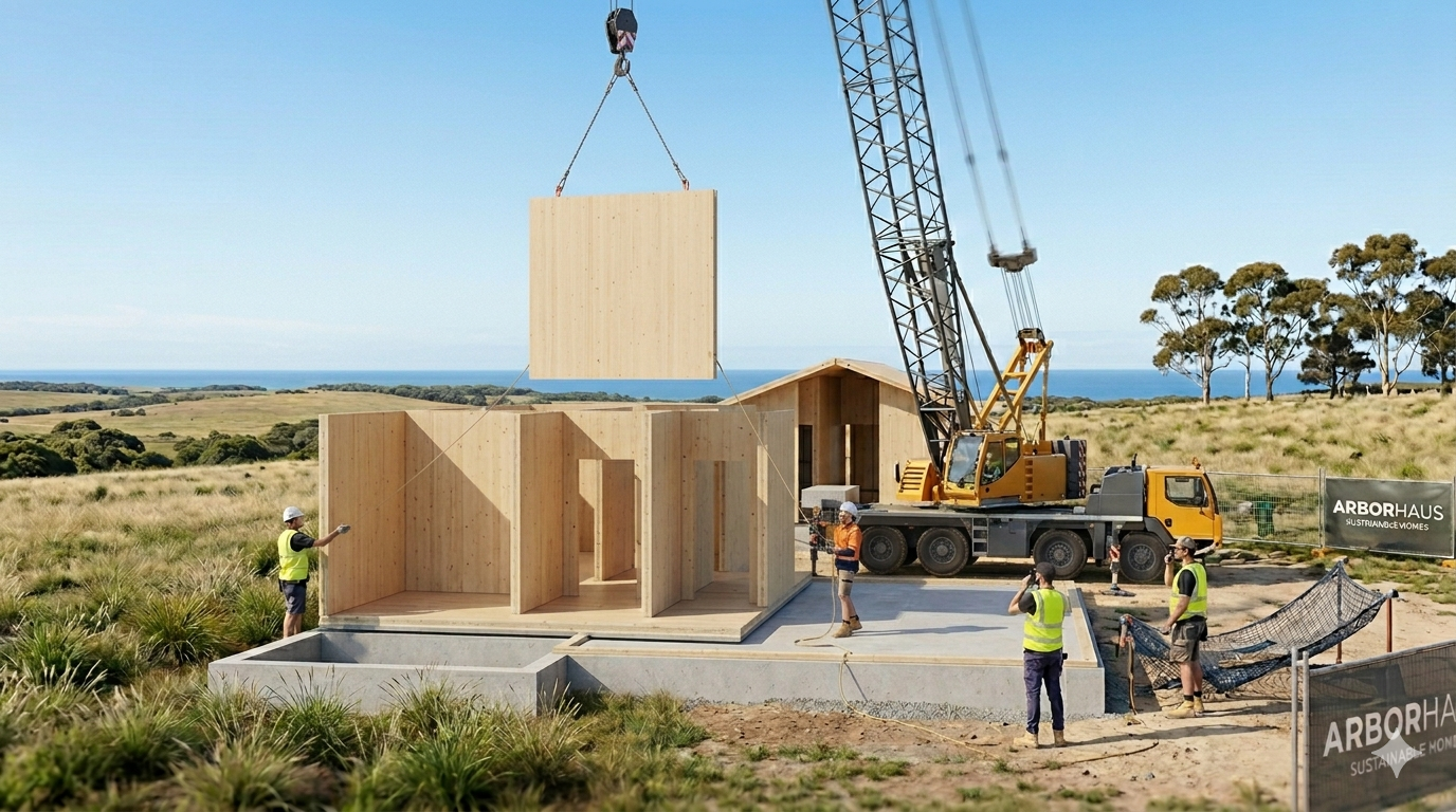 A panoramic photograph of a coastal Australian construction site. A large mobile crane is lowering a massive Cross Laminated Timber (CLT) wall panel onto a complex, pre-assembled internal maze of other CLT walls. Three construction workers in high-visibility vests and safety gear guide the panel, while a fourth worker talks on a phone nearby. The concrete foundation slab is set against rolling hills of native dry grasses, distant gum trees, and a clear blue ocean horizon. The branded fencing and banner read "ARBORHAUS SUSTAINABLE HOMES".