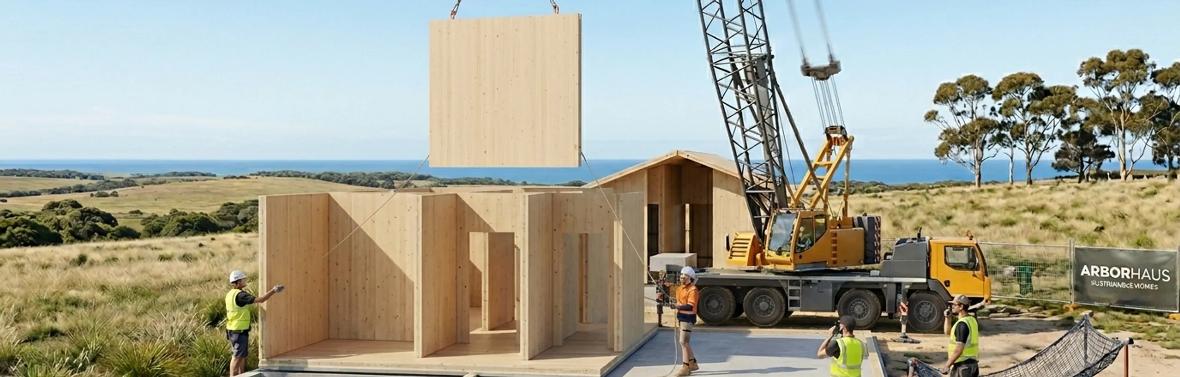 A panoramic photograph of a coastal Australian construction site. A large mobile crane is lowering a massive Cross Laminated Timber (CLT) wall panel onto a complex, pre-assembled internal maze of other CLT walls. Three construction workers in high-visibility vests and safety gear guide the panel, while a fourth worker talks on a phone nearby. The concrete foundation slab is set against rolling hills of native dry grasses, distant gum trees, and a clear blue ocean horizon. The branded fencing and banner read "ARBORHAUS SUSTAINABLE HOMES".