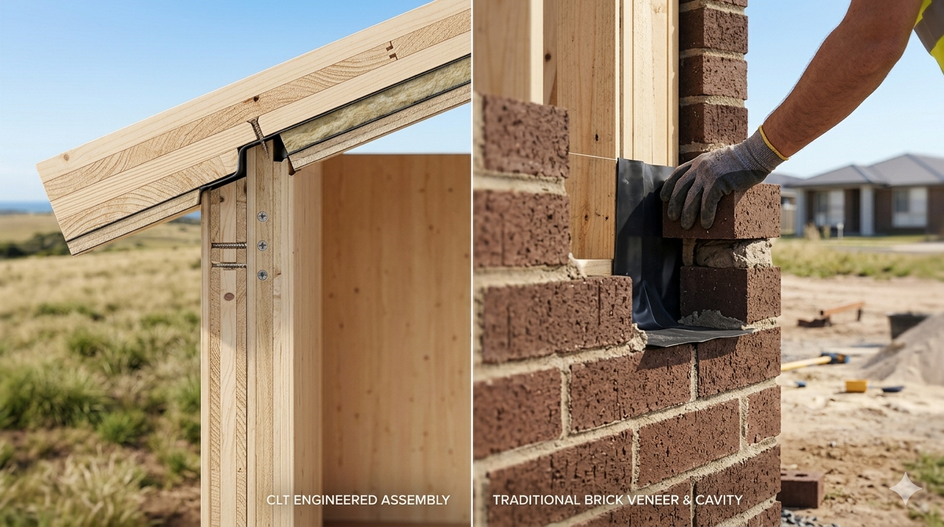 A side-by-side split-screen technical image. The left side shows a close-up detail of a Cross Laminated Timber (CLT) engineered joint connection with structural screws and a weather membrane under a sloped roof. The right side shows a construction worker in grey gloves laying brown bricks for a brick veneer wall, highlighting the mortar joint and the black damp-proof flashing against the internal timber framing.
