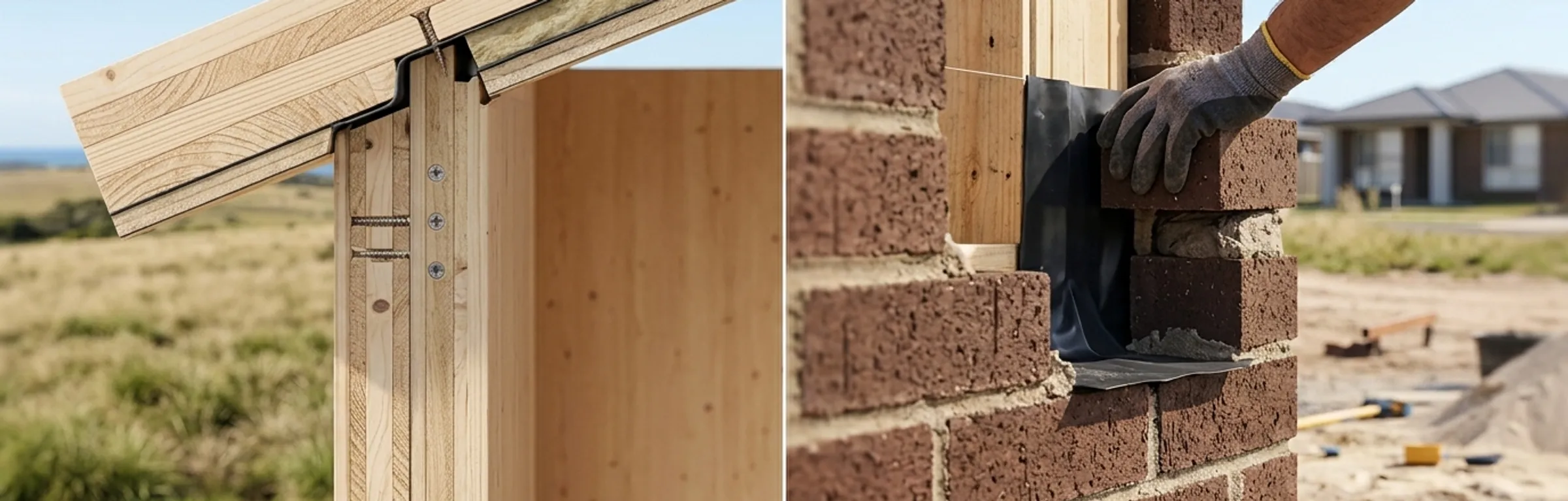 A side-by-side split-screen technical image. The left side shows a close-up detail of a Cross Laminated Timber (CLT) engineered joint connection with structural screws and a weather membrane under a sloped roof. The right side shows a construction worker in grey gloves laying brown bricks for a brick veneer wall, highlighting the mortar joint and the black damp-proof flashing against the internal timber framing.
