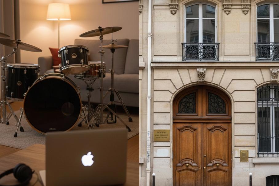 Une photo présentant une batterie dans un salon d'un côté et un immeuble haussmannien de l'autre