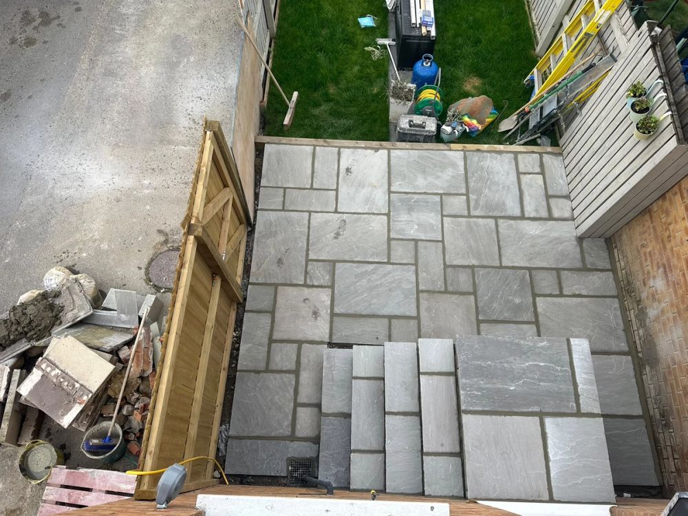 Arial view of steps and new flagged area using Kandla Grey patio pack