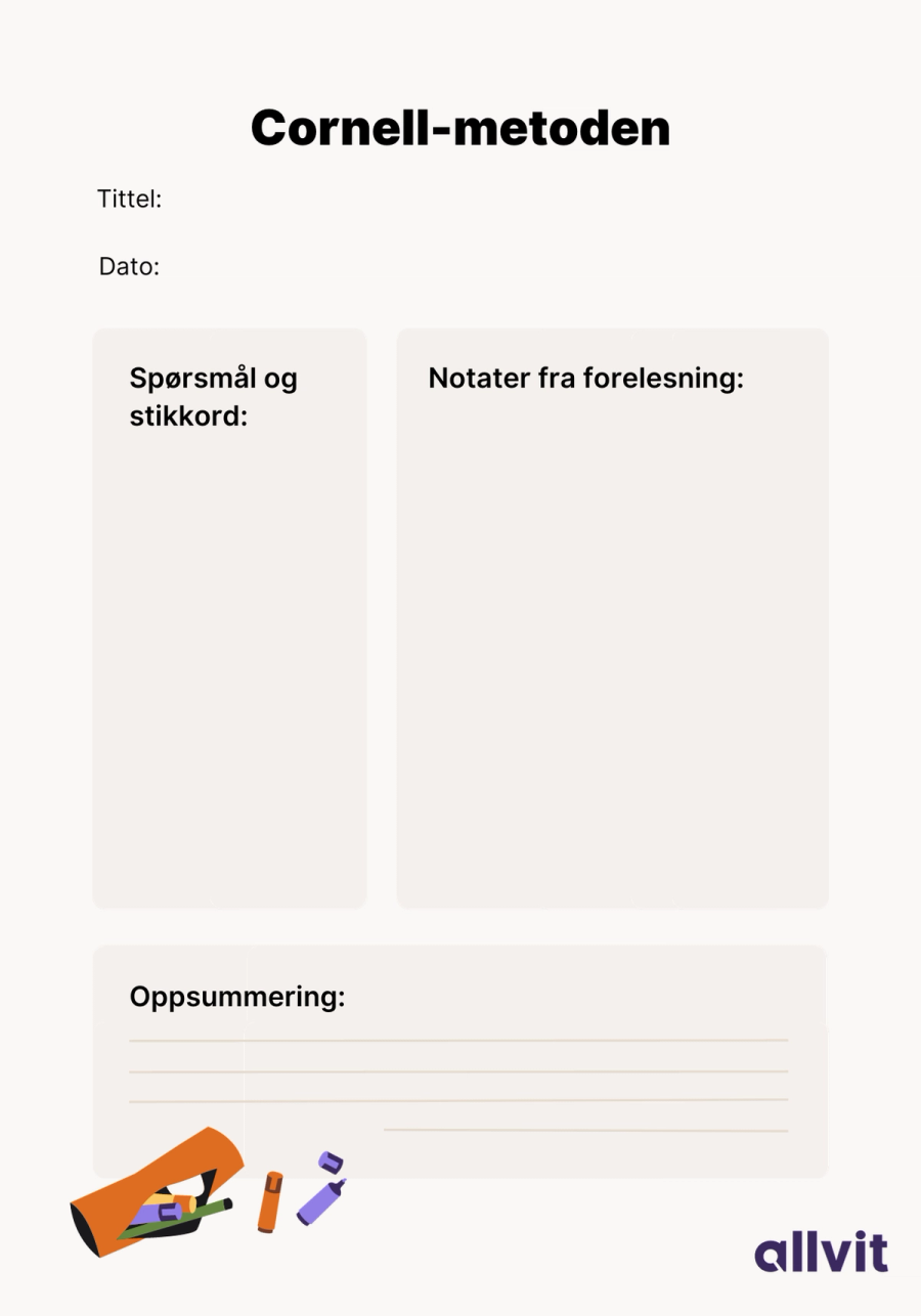 Arbeidsark av Cornell-metoden som beskrevet i teksten over. Grafisk illustrasjon.