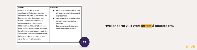 Skjermbilde av dokument som sammenlikner korte og lange notater. Tekst ved siden: Hvilken form ville vært lettest å studere fra? Grafisk illustrasjon.