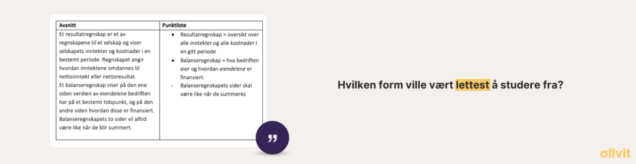 Skjermbilde av dokument som sammenlikner korte og lange notater. Tekst ved siden: Hvilken form ville vært lettest å studere fra? Grafisk illustrasjon.