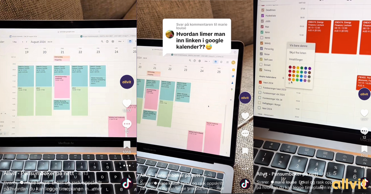 Skjermbilder av TikTok som omhandler Google Calendar. Skjermbilder.