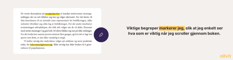 Skjermbilde av markert tekst i e-bok. Tekst ved siden som sier: Viktige begreper markerer jeg, slik at jeg enkelt ser hva som er viktig når jeg scroller gjennom boken. Grafisk illustrasjon.