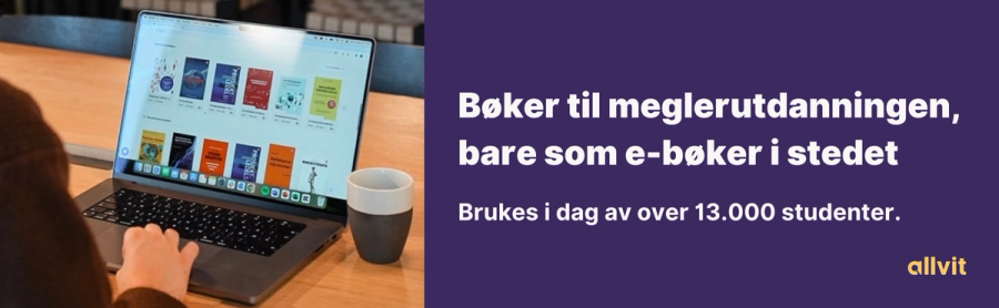 Bøker til meglerutdanningen, bare som e-bøker i stedet. Brukes i dag av over 13.000 studenter. Grafisk.