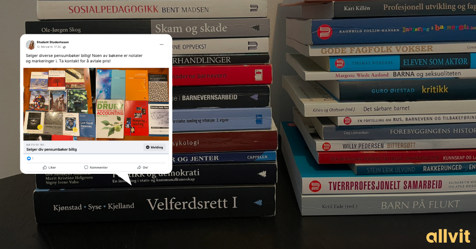 Brukte pensumbøker som selges på Facebook. Foto.