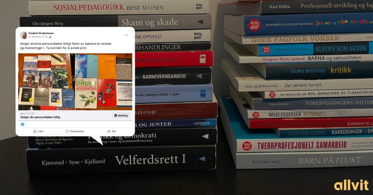 Brukte pensumbøker som selges på Facebook. Foto.