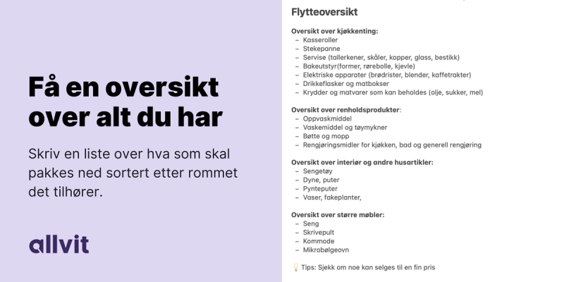 Et bilde med forslag til pakkeliste med tips ved siden av som sier "få en oversikt over alt du har". Grafisk.