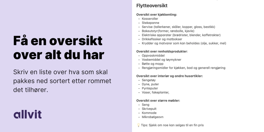 Et bilde med forslag til pakkeliste med tips ved siden av som sier "få en oversikt over alt du har". Grafisk.