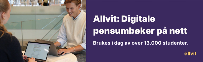 Allvit: Digitale pensumbøker på nett. Brukes i dag av over 13.000 studenter. Grafisk.