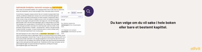 Skjermbilde av søk i e-bok med teksten "du kan velge om du vil søke i hele boken eller bare et bestemt kapittel". Grafisk illustrasjon.