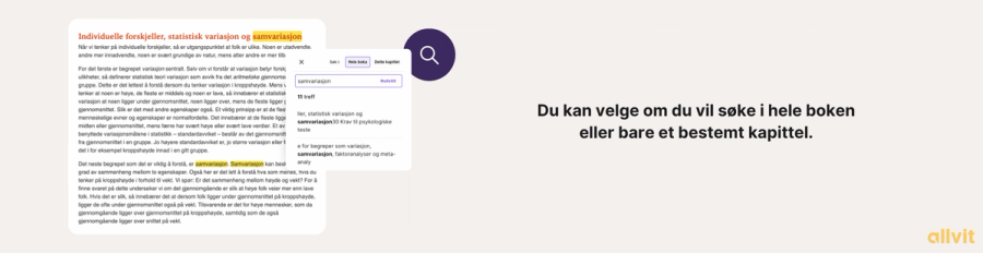 Skjermbilde av søk i e-bok med teksten "du kan velge om du vil søke i hele boken eller bare et bestemt kapittel". Grafisk illustrasjon.