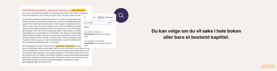Skjermbilde av søk i e-bok med teksten "du kan velge om du vil søke i hele boken eller bare et bestemt kapittel". Grafisk illustrasjon.